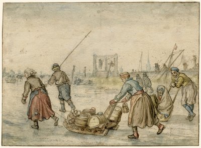 Paisaje invernal con dos mujeres y un trineo y otras figuras en el hielo, una horca en la distancia de Hendrick Avercamp