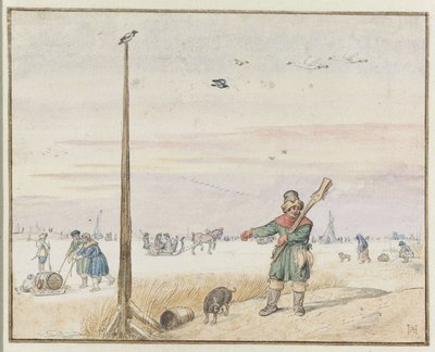 Paisaje invernal con un cazador de patos con la caza en el cinturón y la pistola al hombro en la orilla de un río helado de Hendrick Avercamp