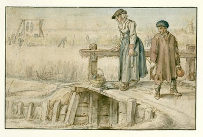 Paisaje invernal con una mujer y un joven en un pequeño puente, patinadores y una horca en la distancia de Hendrick Avercamp