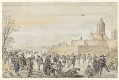 Escena invernal en el canal helado cerca del Kalverhekkenpoort, Kampen / verso: Bocetos de figuras en el hielo de Hendrick Avercamp