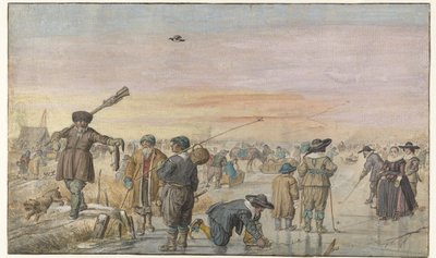Escena invernal en el hielo, con un cazador mostrando una nutria de Hendrick Avercamp