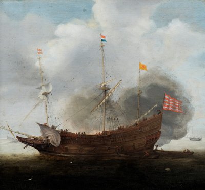 Un buque de guerra (óleo sobre tabla) de Hendrick Cornelisz Vroom