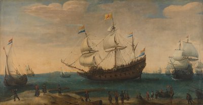 Indias orientales frente a una costa, c.1600-30 (óleo sobre lienzo) de Hendrick Cornelisz Vroom