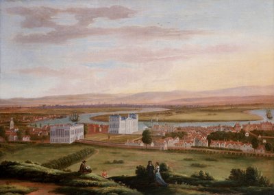 Vista de Greenwich y de la Casa de la Reina desde el sureste, hacia 1670, con Old Woolwich Road pasando por debajo de la Casa de la Reina a la izquierda y la Casa Nueva del Rey visible a la derecha (actualmente Edificio del Tribunal de Justicia Rey Carlos  de Hendrick Danckerts
