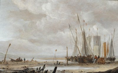 Una escena de playa con barcas de pesca atracadas de Hendrick Dubbels
