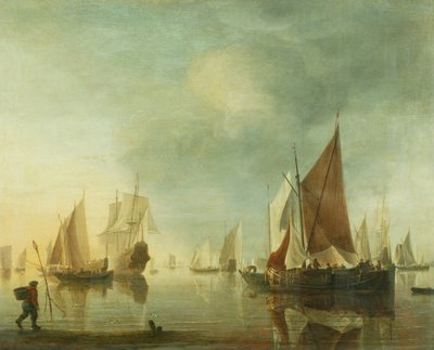 Barco anclado en alta mar con mar en calma; luz del atardecer, c.1650-60 (óleo sobre tabla) de Hendrick Dubbels