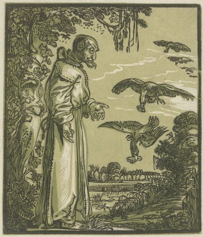 Pablo el ermitaño (¿Elías?) alimentado por cuervos de Hendrick Goltzius (attributed to)