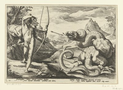 Apolo mata a la serpiente gigante Pitón Metamorfosis de Ovidio (título de la serie) de Hendrick Goltzius (workshop of)