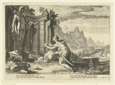 Cadmo le pregunta al oráculo de Delfos qué hacer ahora que no ha podido encontrar a su hermana Europa Metamorfosis de Ovidio (título de la serie) de Hendrick Goltzius (workshop of)