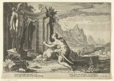 Cadmo le pregunta al oráculo de Delfos qué hacer ahora que no ha podido encontrar a su hermana Europa Metamorfosis de Ovidio (título de la serie) de Hendrick Goltzius (workshop of)