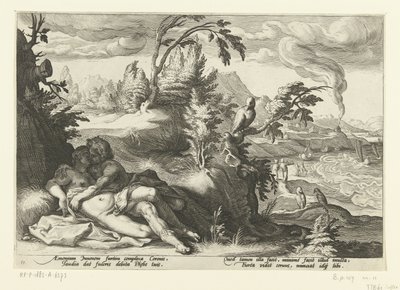 Corvus atrapa a la niña Coronis Metamorfosis de Ovidio (título de la serie) de Hendrick Goltzius (workshop of)