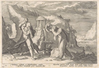 Deucalion y Pyrrha crean una nueva raza humana Metamorfosis de Ovidio (título de la serie) de Hendrick Goltzius (workshop of)