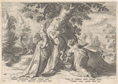 Las hijas de Cecrops abren la cesta de Minerva. Metamorfosis de Ovidio (título de la serie) de Hendrick Goltzius (workshop of)