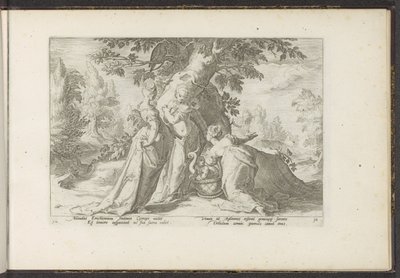 Las hijas de Cecrops abren la cesta de Minerva. Metamorfosis de Ovidio (título de la serie) Recreaciones de P. Ovidius Naso (título de la serie) de Hendrick Goltzius (workshop of)