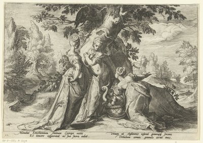 Las hijas de Cecrops abren la cesta de Minerva. Metamorfosis de Ovidio (título de la serie) de Hendrick Goltzius (workshop of)