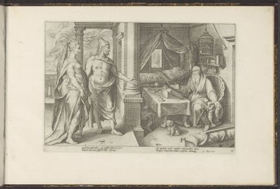 Juno y Júpiter piden consejo a Tiresias Metamorfosis de Ovidio (título de la serie) Recreaciones de P. Ovidius Naso (título de la serie) de Hendrick Goltzius (workshop of)