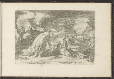 Juno convierte a Calisto en un oso Metamorfosis de Ovidio (título de la serie) Recreaciones de P. Ovidius Naso (título de la serie) de Hendrick Goltzius (workshop of)
