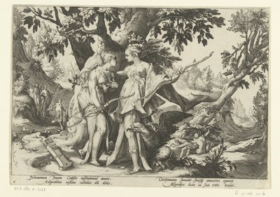 Júpiter seduce a Calisto disfrazado de Diana Metamorfosis de Ovidio (título de la serie) de Hendrick Goltzius (workshop of)