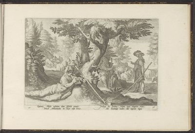 Mercurio en Battus Metamorfosis de Ovidio (título de la serie) Herscheppingen van P. Ovidius Naso (título de la serie) de Hendrick Goltzius (workshop of)