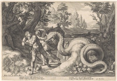 Compañeros de Cadmo devorados por un dragón Metamorfosis de Ovidio (título de la serie) de Hendrick Goltzius (workshop of)