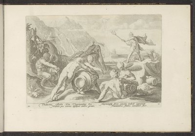 Neptuno y los dioses del río provocan una inundación Metamorfosis de Ovidio (título de la serie) Recreaciones de P. Ovidius Naso (título de la serie) de Hendrick Goltzius (workshop of)