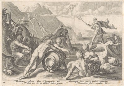 Neptuno ordena a los dioses del río que provoquen una inundación Metamorfosis de Ovidio (título de la serie) de Hendrick Goltzius (workshop of)