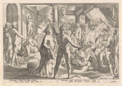 Faetón le pregunta a Apolo si puede viajar en su carro. Metamorfosis de Ovidio (título de la serie) de Hendrick Goltzius (workshop of)