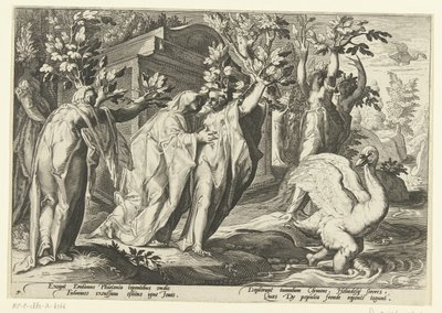 Las hermanas de Faetón se convierten en álamos y su amigo en cisne Metamorfosis de Ovidio (título de la serie) de Hendrick Goltzius (workshop of)