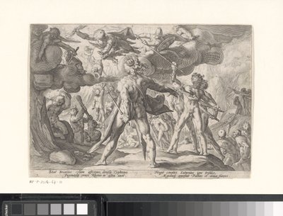 Batalla entre los dioses y los gigantes. Metamorfosis de Ovidio (título de la serie) de Hendrick Goltzius (workshop of)