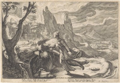 Tisbe huye de la leona Metamorfosis de Ovidio (título de la serie) de Hendrick Goltzius (workshop of)