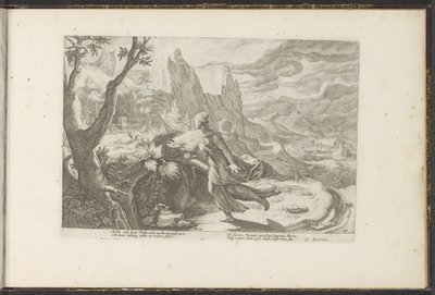 Tisbe huye de un león Metamorfosis de Ovidio (título de la serie) Recreaciones de P. Ovidius Naso (título de la serie) de Hendrick Goltzius (workshop of)