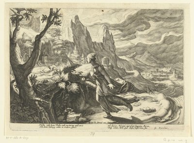 Tisbe huye de un león Metamorfosis de Ovidio (título de la serie) de Hendrick Goltzius (workshop of)