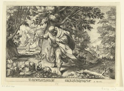 Tiresias golpea a dos serpientes que se aparean Metamorfosis de Ovidio (título de la serie) de Hendrick Goltzius (workshop of)