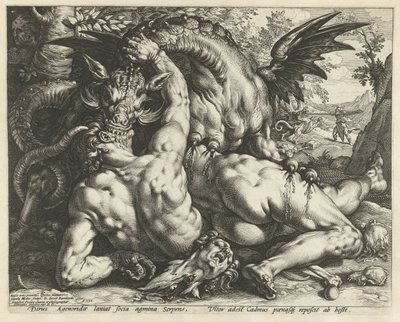 Un dragón devorando a los compañeros de Cadmo. Compañeros de Cadmo devorados por un dragón de Hendrick Goltzius