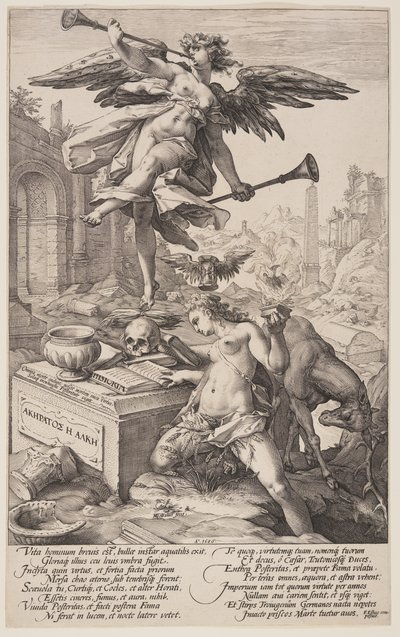 Alegoría de la fama y la historia, de Los héroes romanos de Hendrick Goltzius