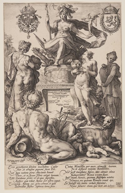 Alegoría de Roma, lámina de Los héroes romanos de Hendrick Goltzius