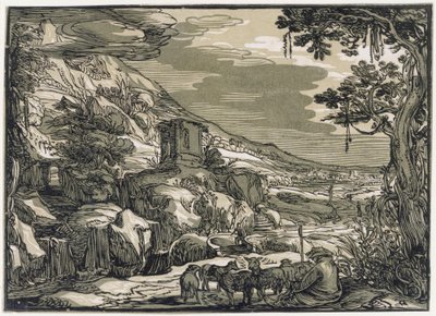 Paisaje arcádico con un pastor de Hendrick Goltzius