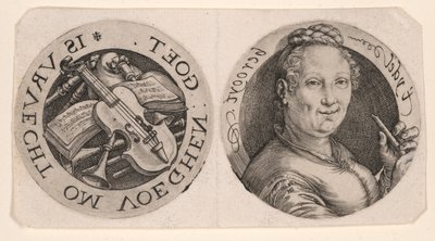 Busto de mujer con flauta e instrumentos musicales, en una hoja de Hendrick Goltzius