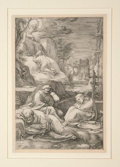 Cristo en el Monte de los Olivos (La Agonía en el Huerto), de La Pasión, #2 en una serie de 12 grabados de Hendrick Goltzius