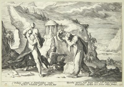 Deucalión y Pirra repoblando el mundo de Hendrick Goltzius