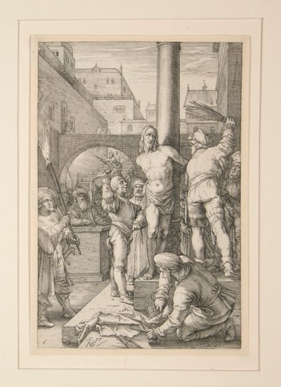 Flagelación de Cristo, de La Pasión, #6 en una serie de 12 grabados de Hendrick Goltzius