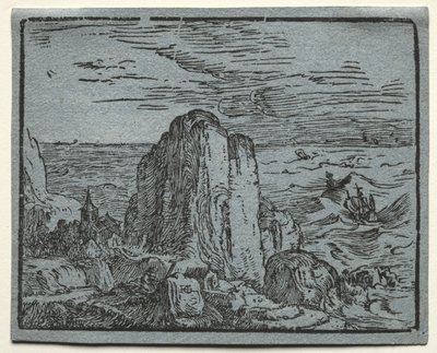 Cuatro pequeños paisajes: No.4, Acantilado en la costa de Hendrick Goltzius