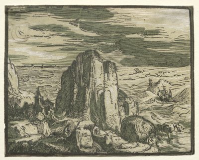 Cuatro pequeños paisajes: No. 4, Acantilado en la costa de Hendrick Goltzius