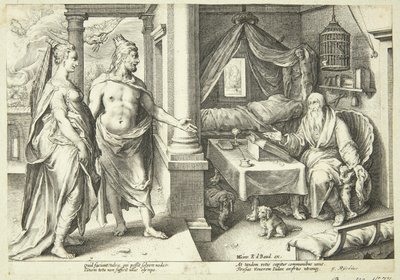 Júpiter y Juno consultan a Tiresias de Hendrick Goltzius