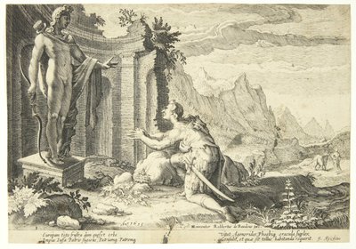 Cadmo pregunta al oráculo en Delfos dónde puede encontrar a su hermana Europa de Hendrick Goltzius