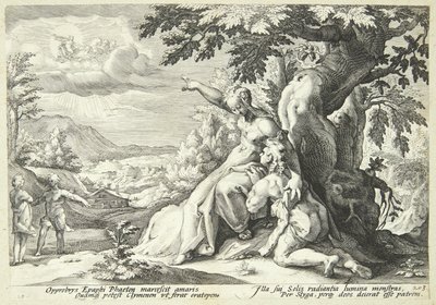Clymene incita a Faetón a encontrar a Helios de Hendrick Goltzius