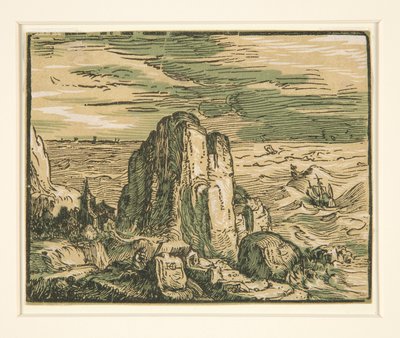 paisaje con acantilado en la orilla del mar de Hendrick Goltzius