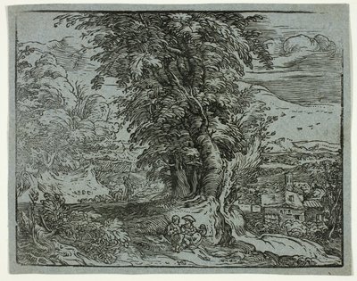 Paisaje con pareja de pastores, de Cuatro pequeños paisajes de Hendrick Goltzius