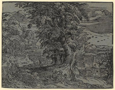 Paisaje con una pareja sentada y un pastor, lámina 2 de la serie "Cuatro paisajes pequeños" de Hendrick Goltzius
