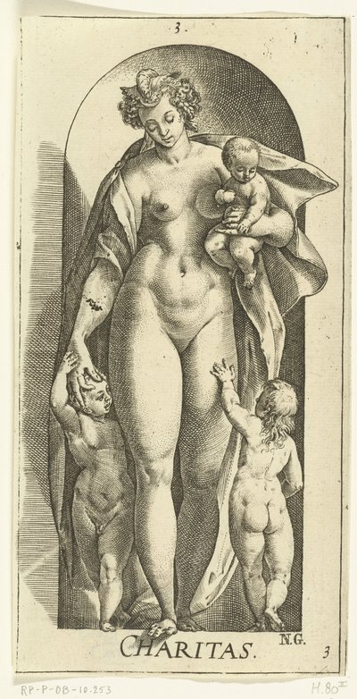 Amor Caridad (título sobre el objeto) Las siete virtudes (título de la serie) de Hendrick Goltzius